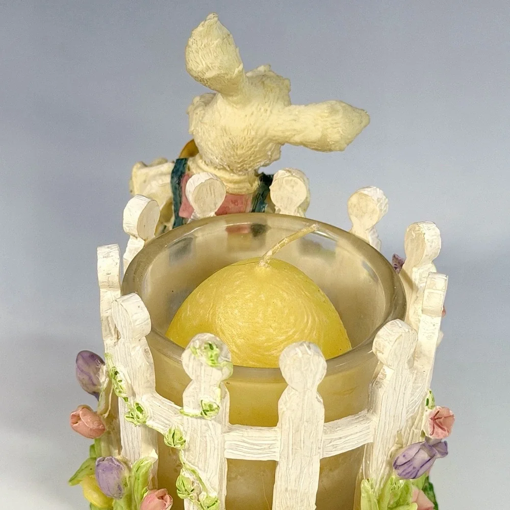 VTG Bunny Rabbit Easter‎ Garden Candle Holder Picket Fence Flowers Spring 4 1/2